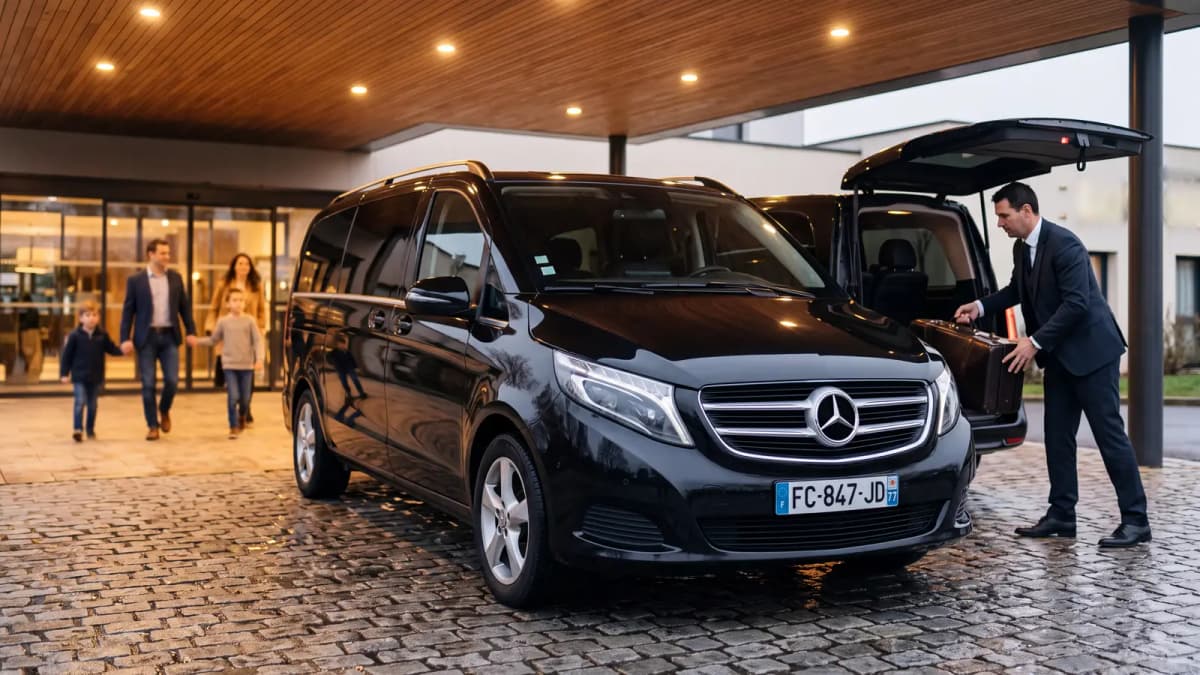 Chauffeur loading luggage into a Mercedes V-Class van at a hotel near Disneyland Paris