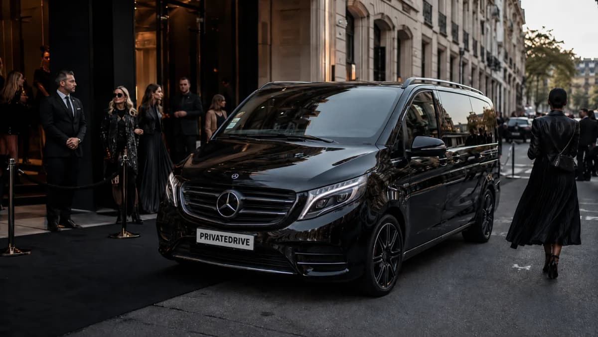 Black Mercedes V-Class private chauffeur car outside a Paris fashion show during Fashion Week